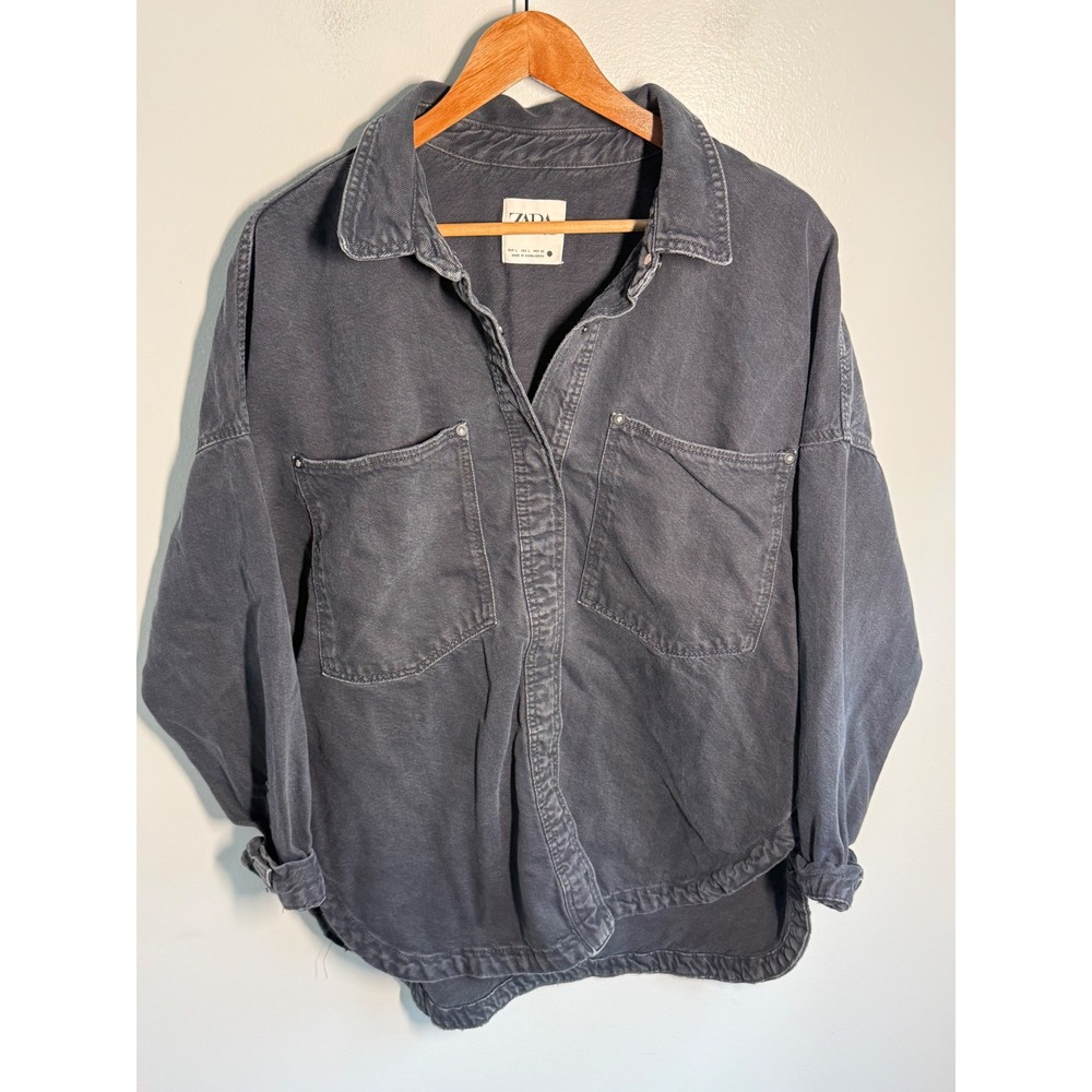 Zara Womens Oversized Denim Shacket Faded Black Button Down Utility Jacket Large